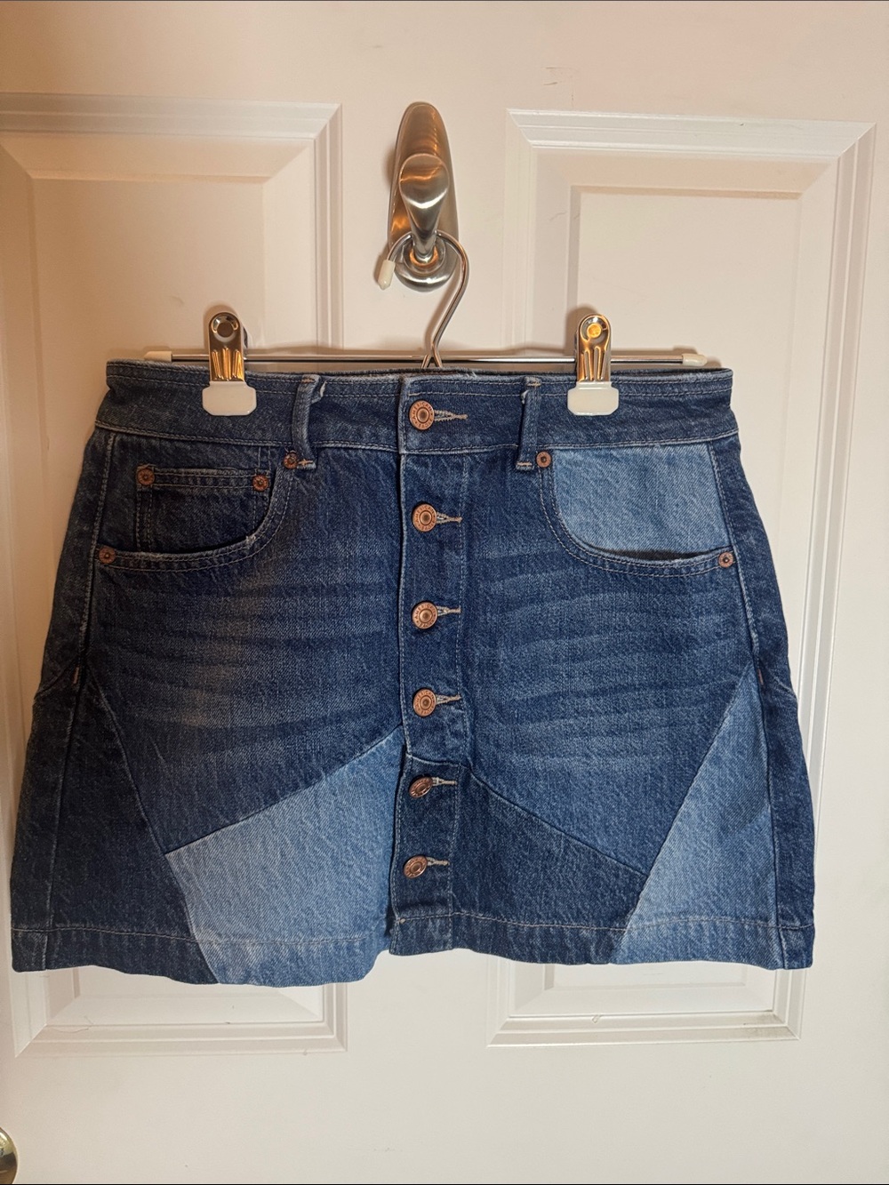 American Eagle Outfitters Blue Denim Patchwork Button-Up Mini Skirt